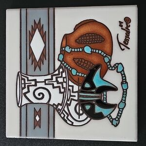 Vintage Signed Artist Cleo Teissedre Ceramic Tile w/ Southwestern Design 6" x 6"